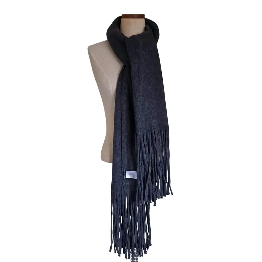 Lucky Brand Charcoal Gray Soft Knit Brushed Fringe Oversized Rectangle Scarf